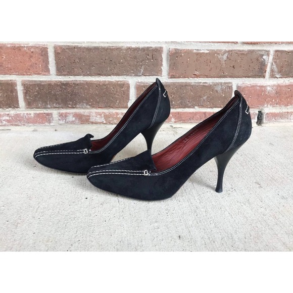 vtg 90s black SUEDE Donald J Pliner STILETTO HEELS 7.5 couture Italy square toe - Picture 5 of 10